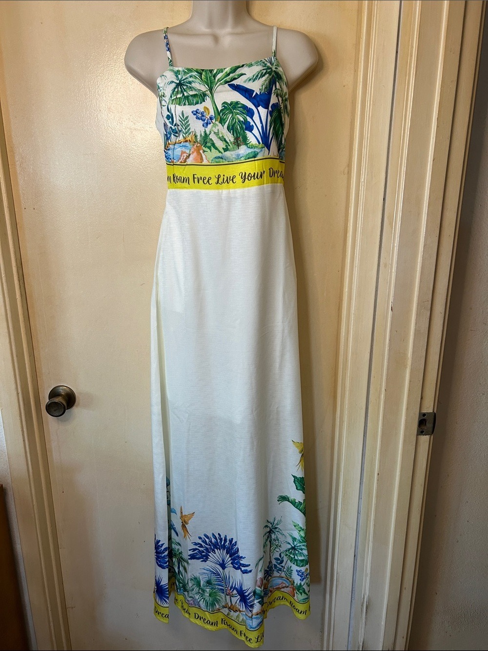 Vici Lucci Tropical-Print Maxi Dress with Graphic Yellow Waistband size S